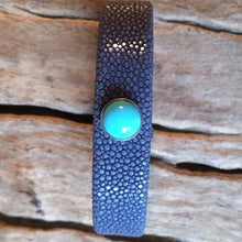 Linkstones - Bracelet galuchat bleu gris double cabochon pierre fine turquoise