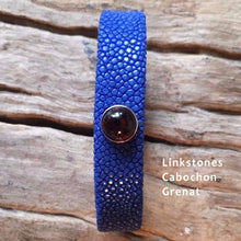 Linkstones - Bracelet galuchat bleu double cabochon pierre fine grenat